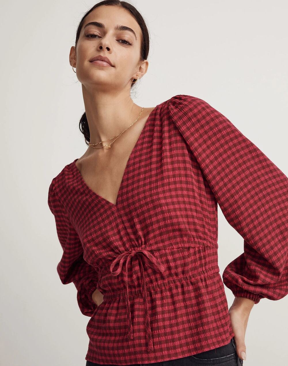 Madewell Plaid Peplum Top Red V Neck Crinkled Long Sleeve Blouse Size XS
